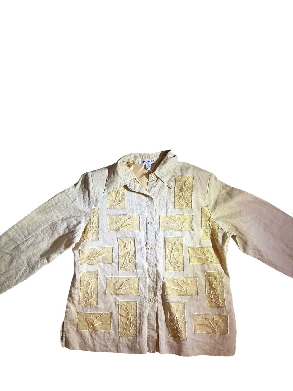 LINO U.S.A. Beige 100% Linen Button-Up Shirt with Embroidered Floral Patches